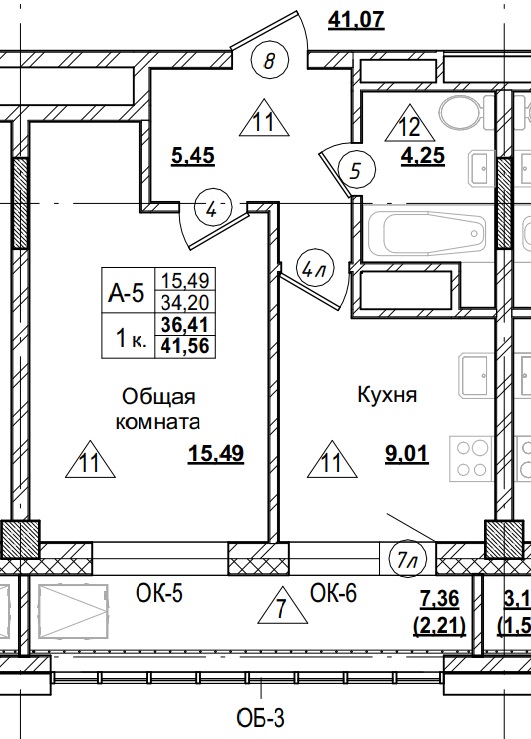 1 комн., 36.41 м²
