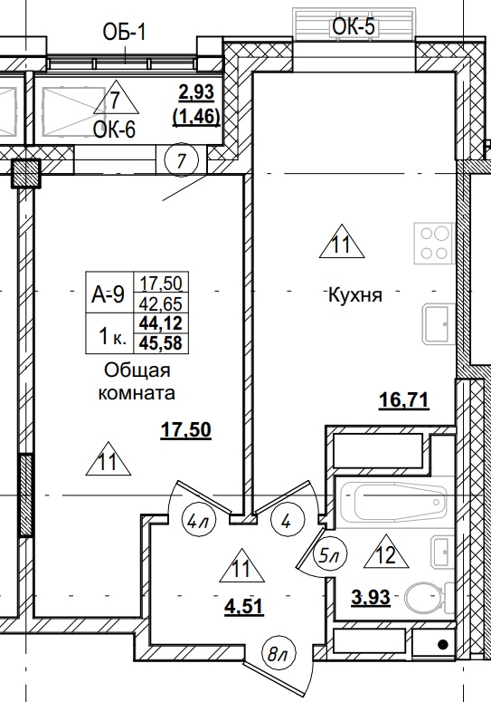 1 комн., 44.12 м²