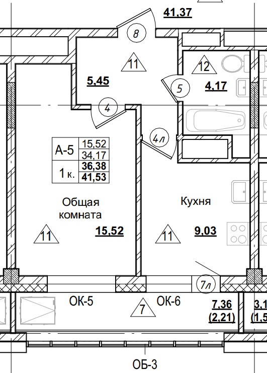 1 комн., 36.38 м²