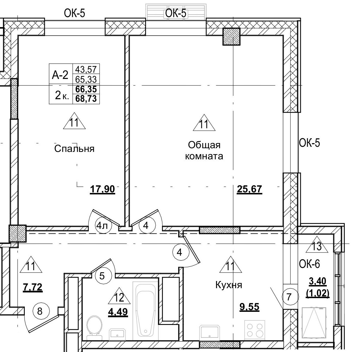 2 комн., 66.36 м²