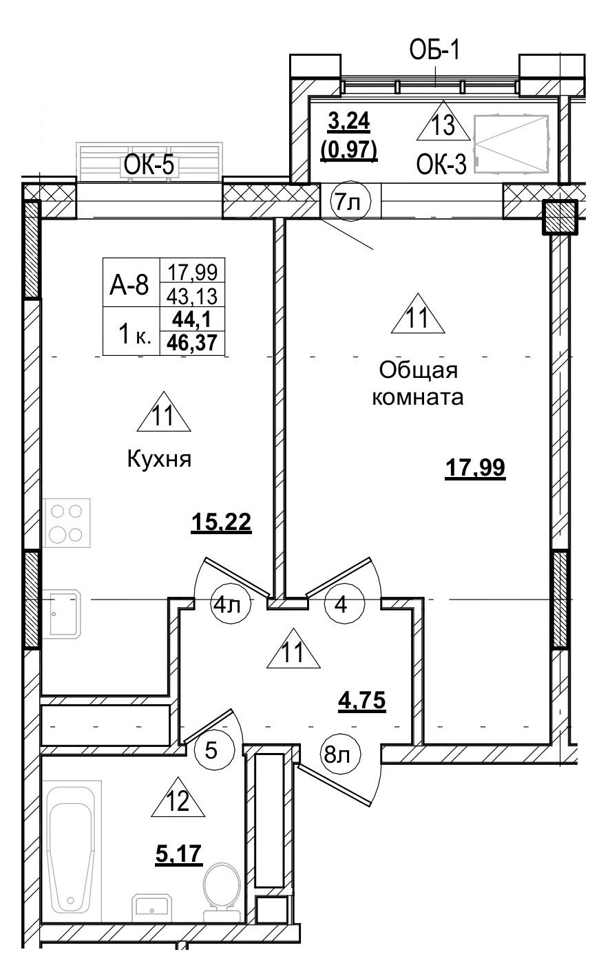 1 комн., 44.11 м²
