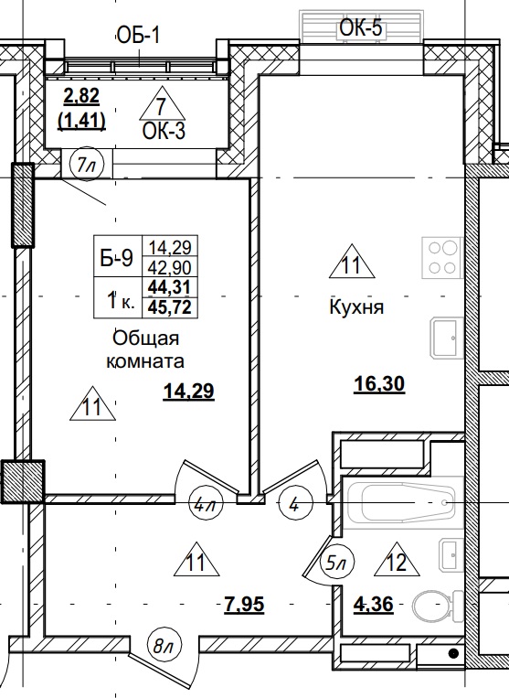 1 комн., 44.31 м²