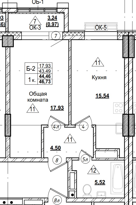 1 комн., 44.46 м²