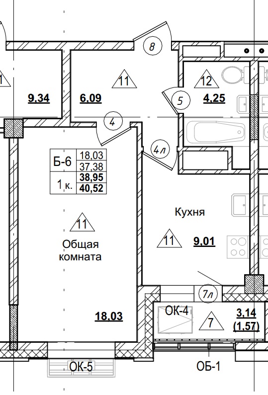 1 комн., 38.95 м²