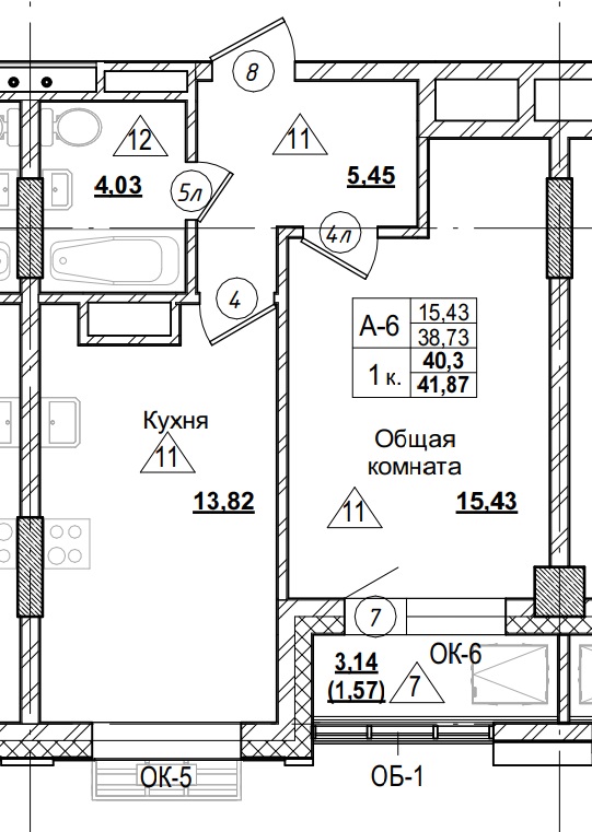 1 комн., 40.30 м²
