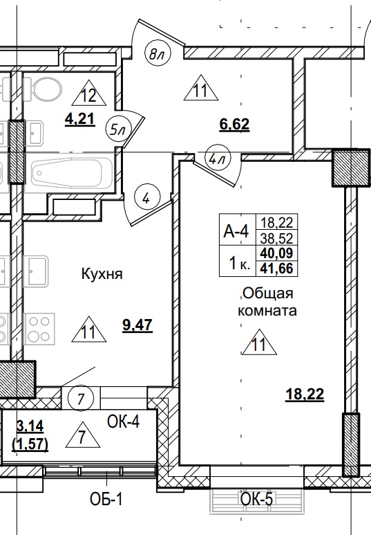 1 комн., 40.09 м²