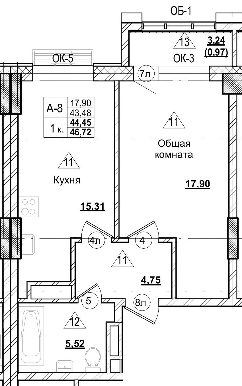 1 комн., 44.46 м²