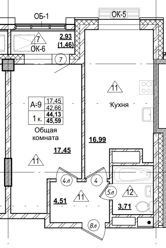 1 комн., 44.13 м²