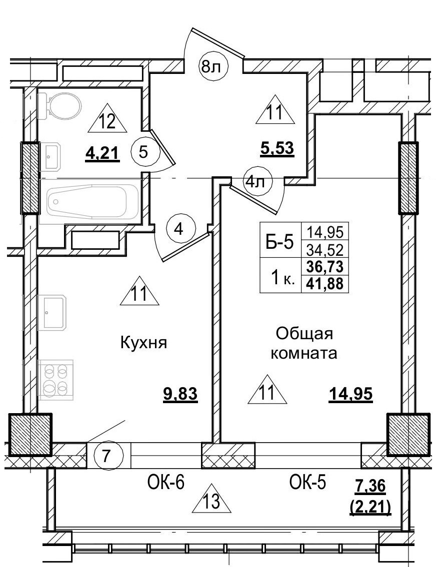 1 комн., 36.69 м²