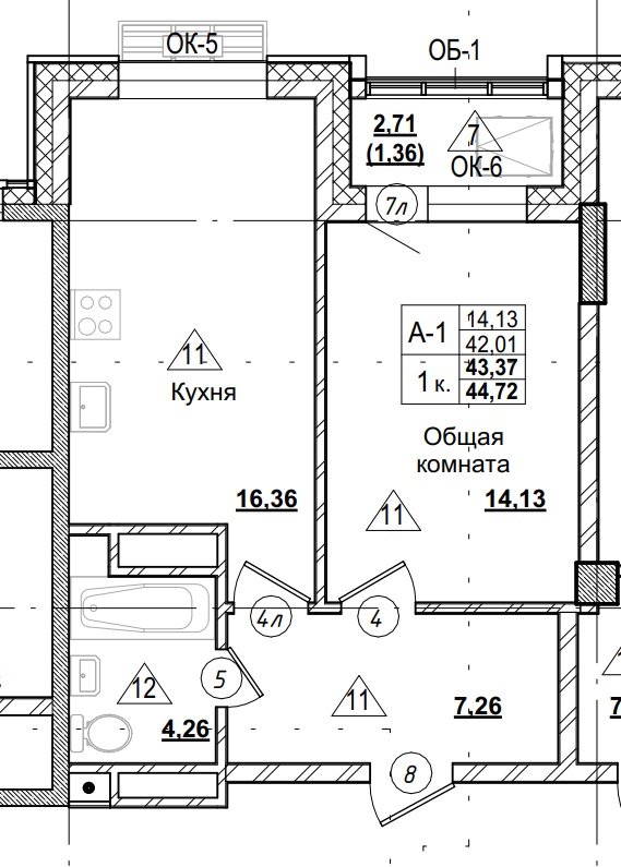1 комн., 43.37 м²