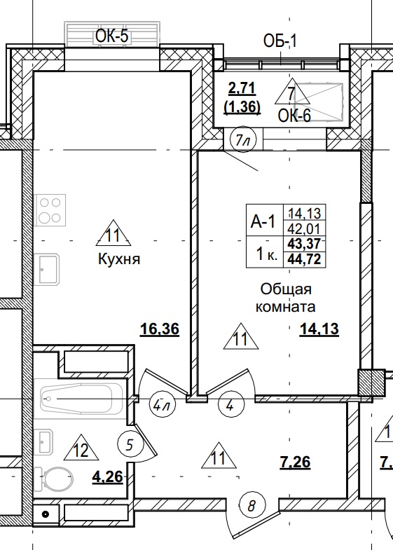 1 комн., 43.37 м²