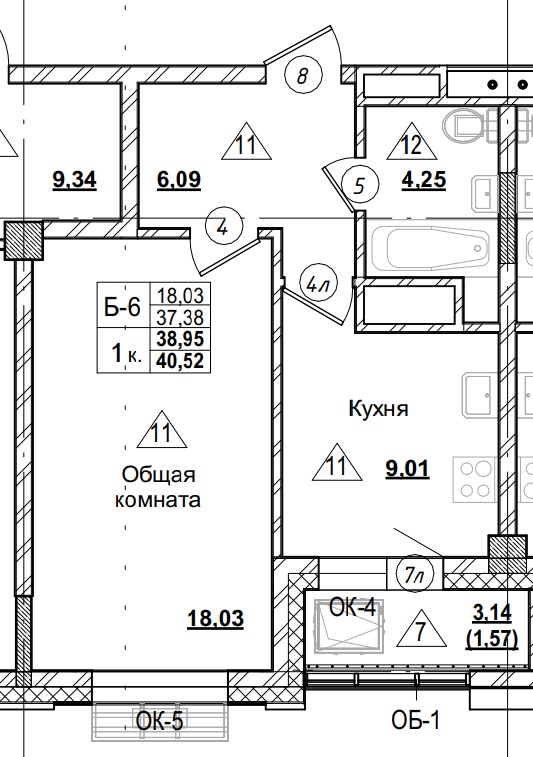 1 комн., 38.95 м²