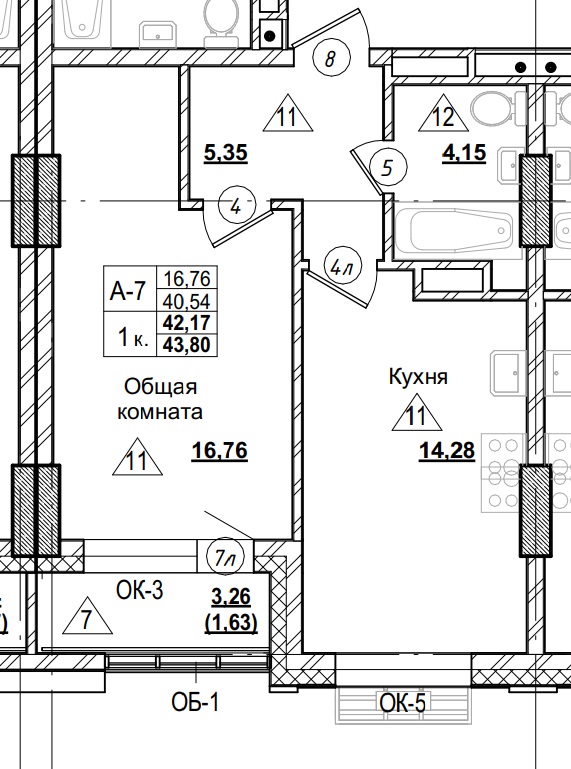 1 комн., 42.17 м²