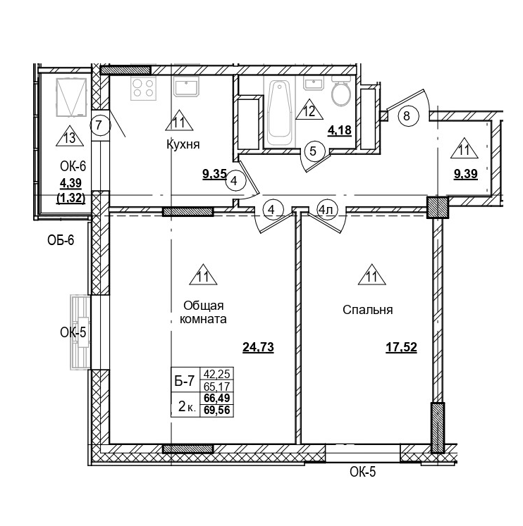 2 комн., 66.49 м²