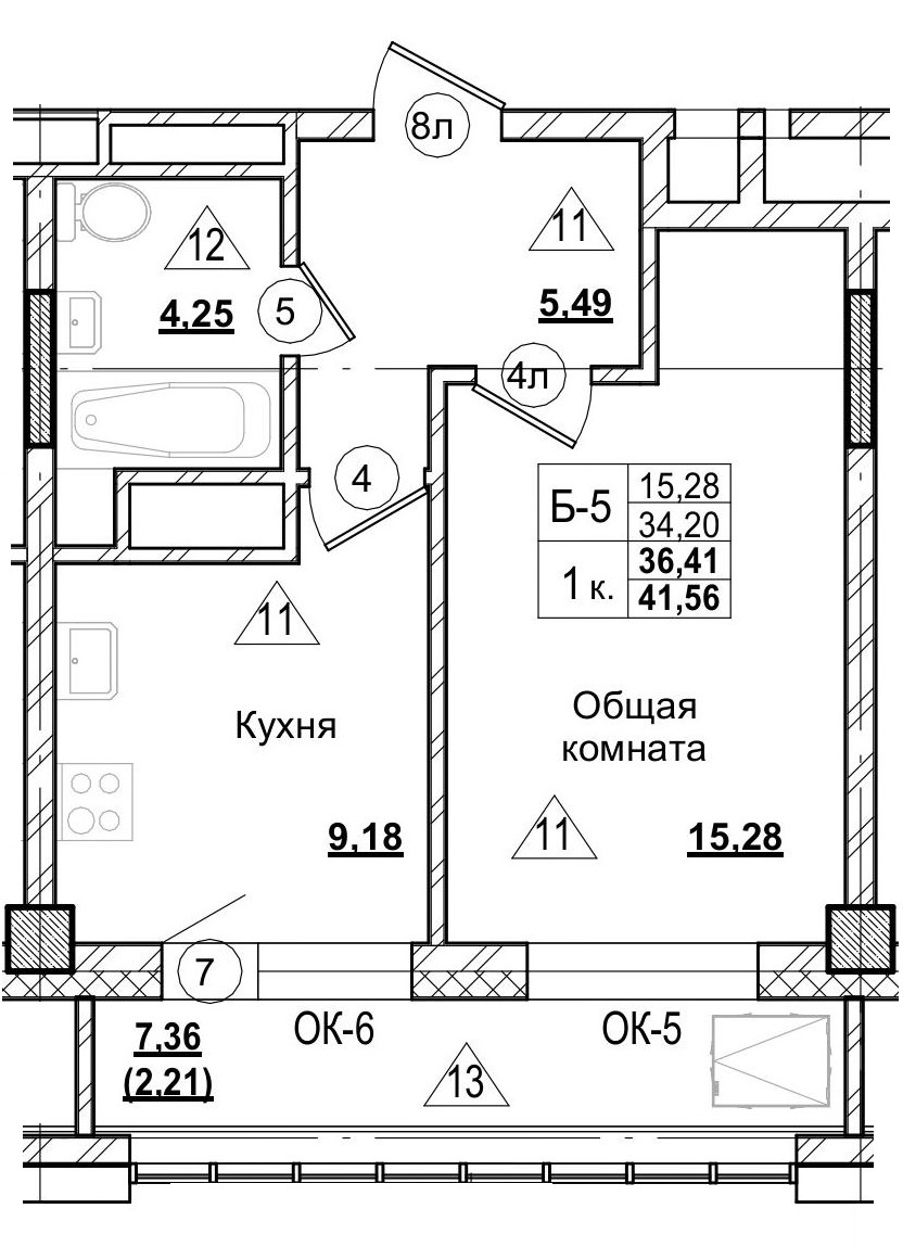 1 комн., 36.34 м²