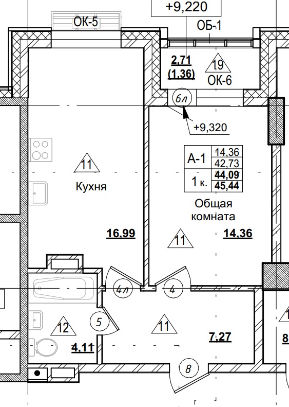 1 комн., 44.09 м²