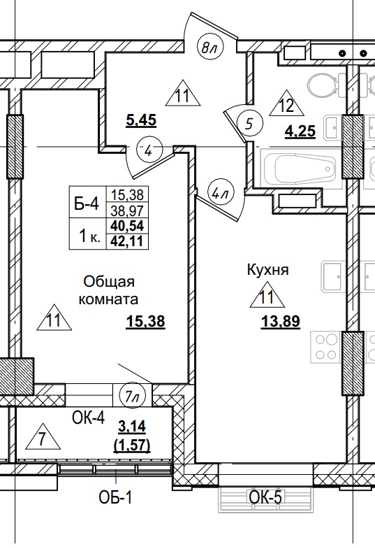 1 комн., 40.54 м²