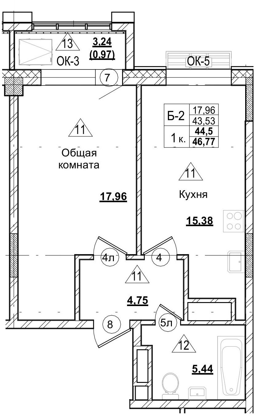 1 комн., 44.52 м²