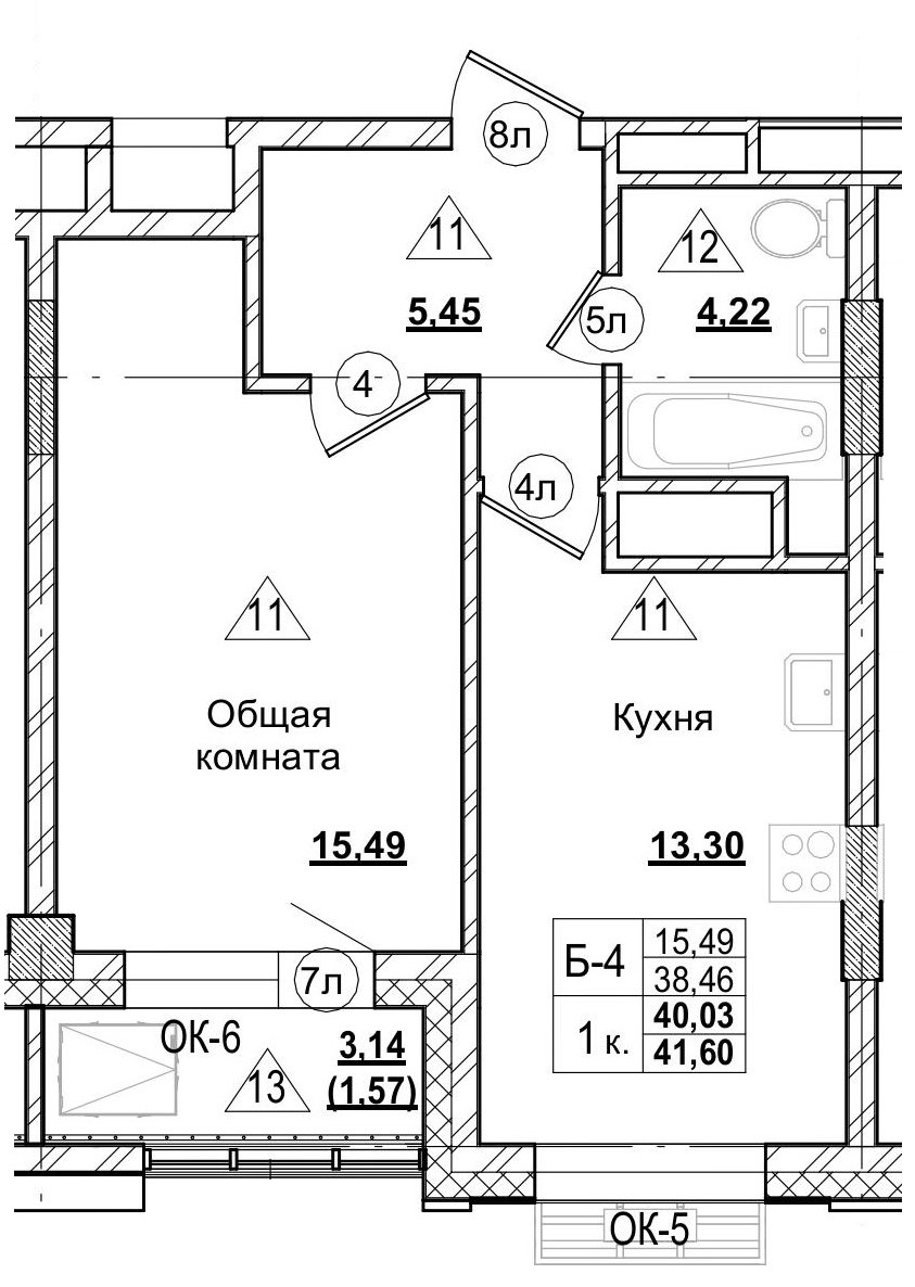 1 комн., 40.00 м²