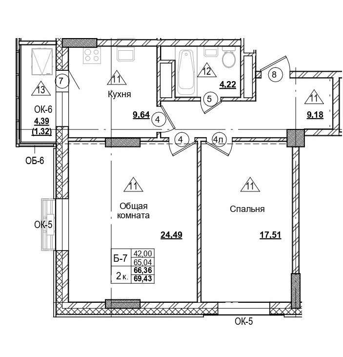 2 комн., 66.36 м²