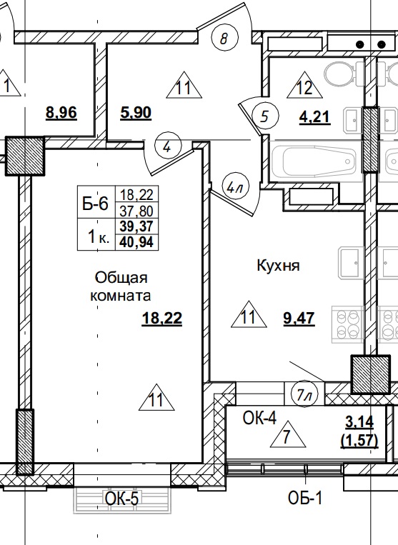 1 комн., 39.37 м²