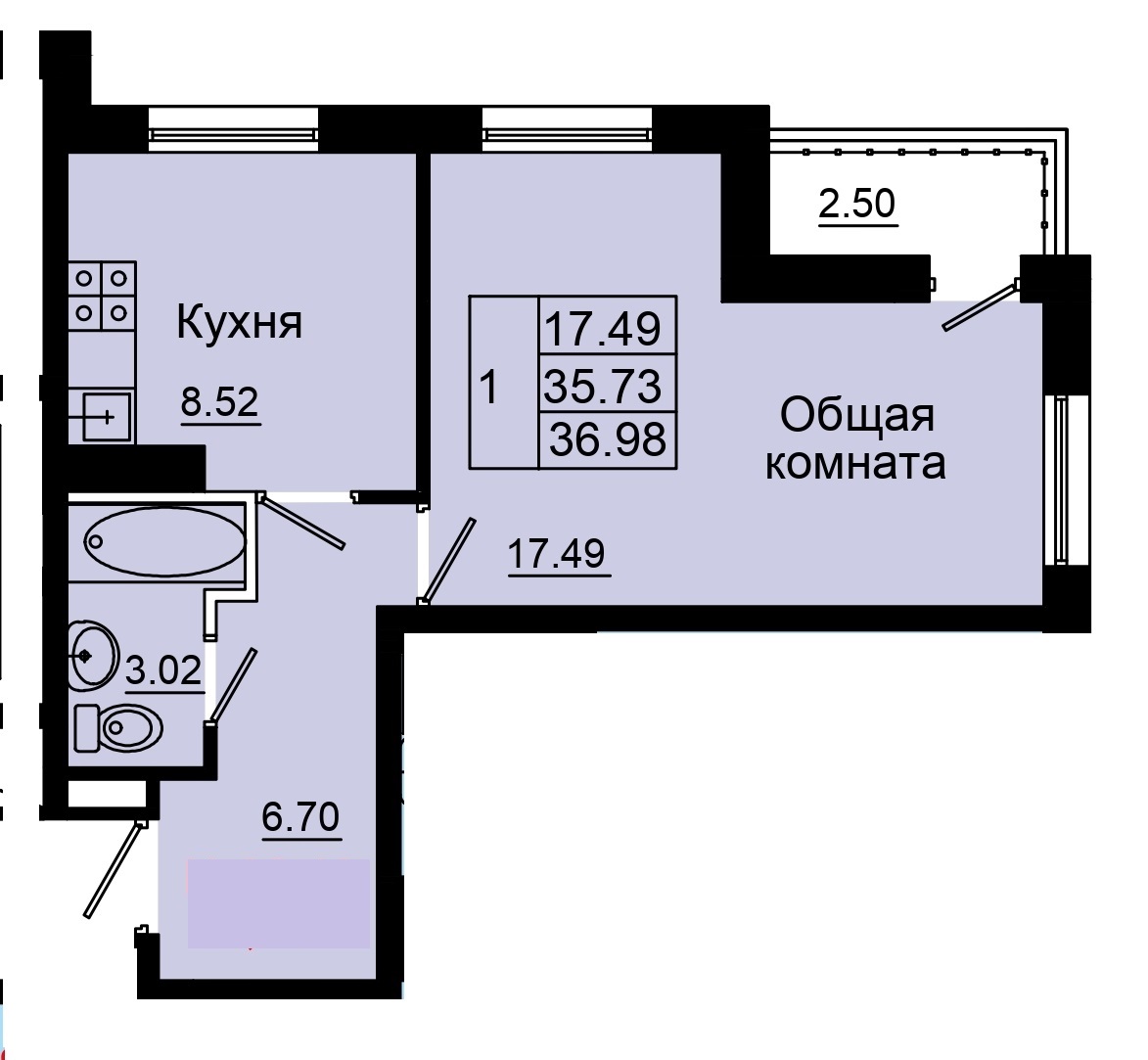 1 комн., 36.98 м²