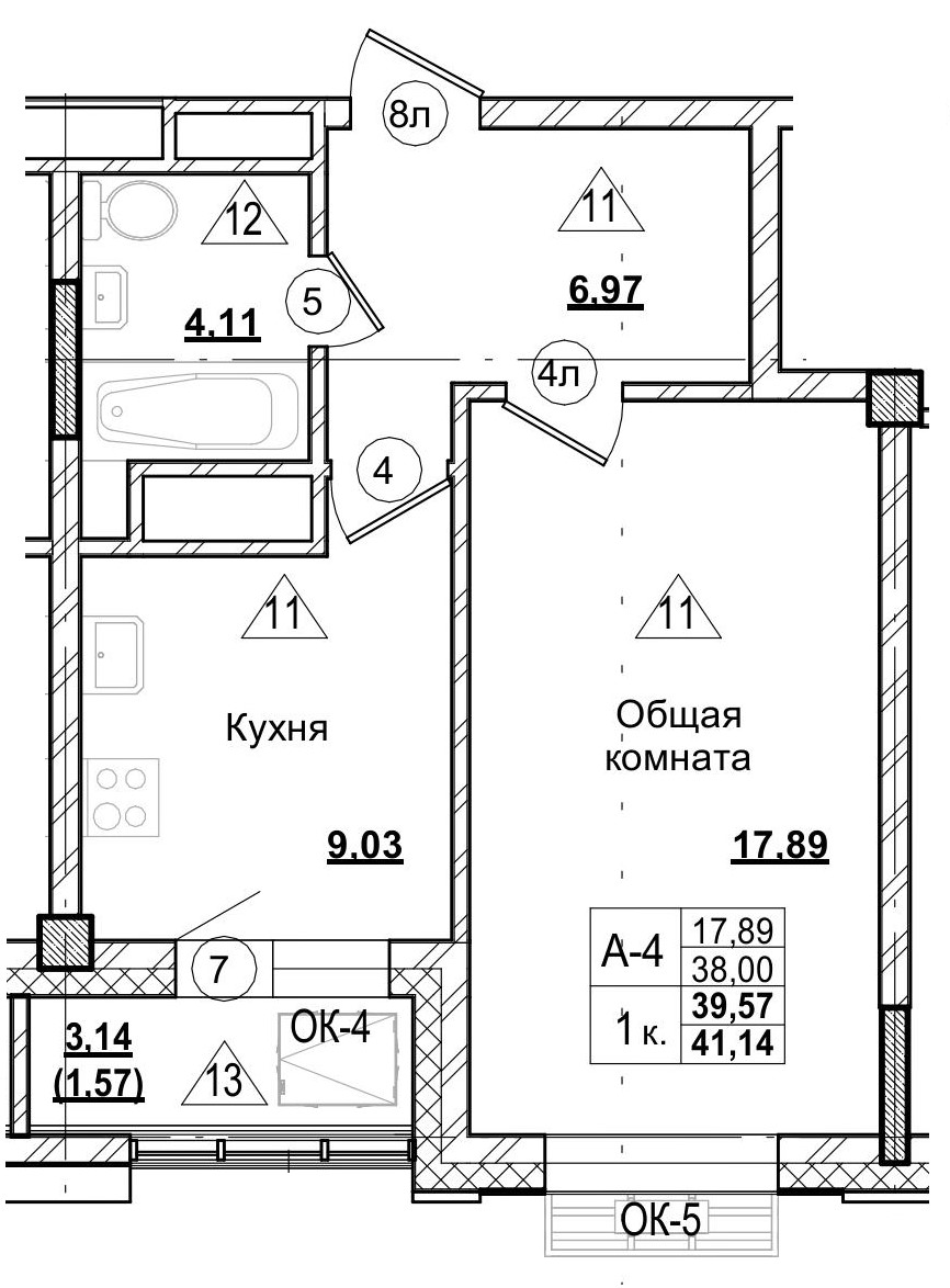 1 комн., 39.53 м²
