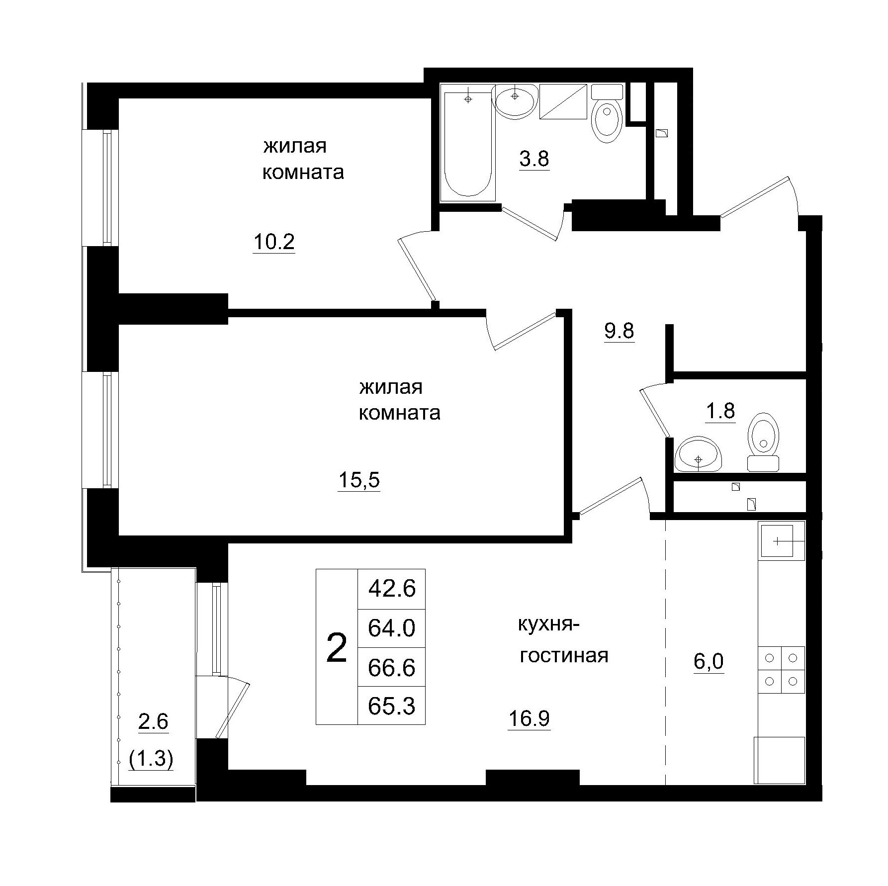 3 комн., 65.30 м²