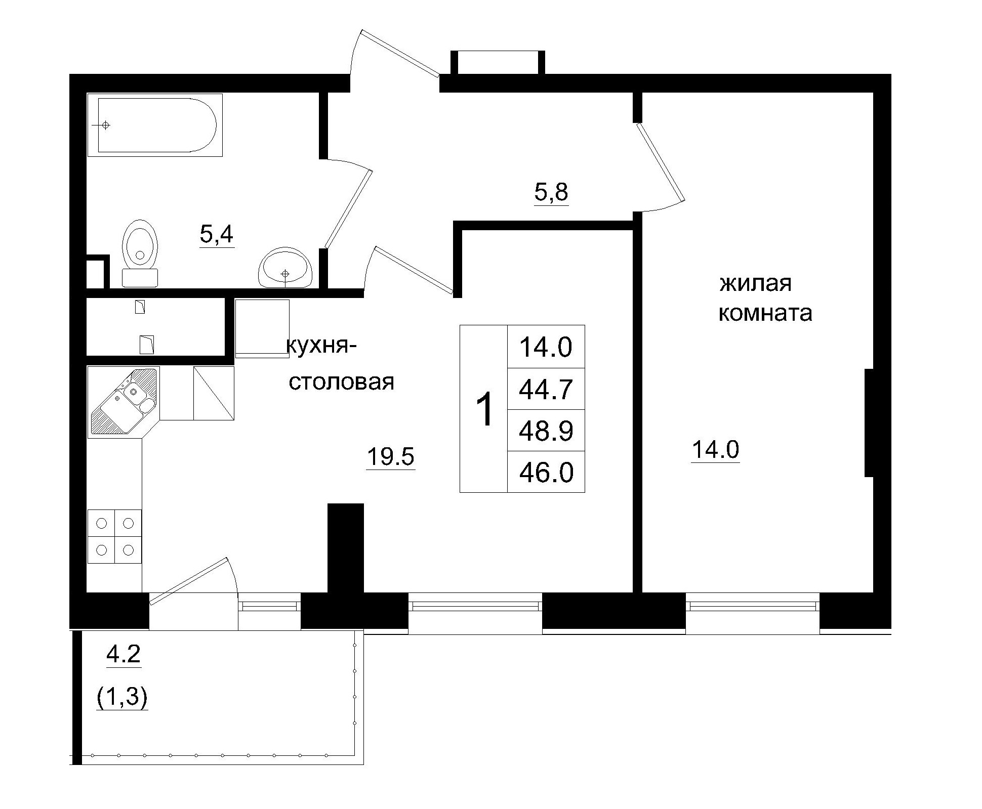 2 комн., 46.00 м²