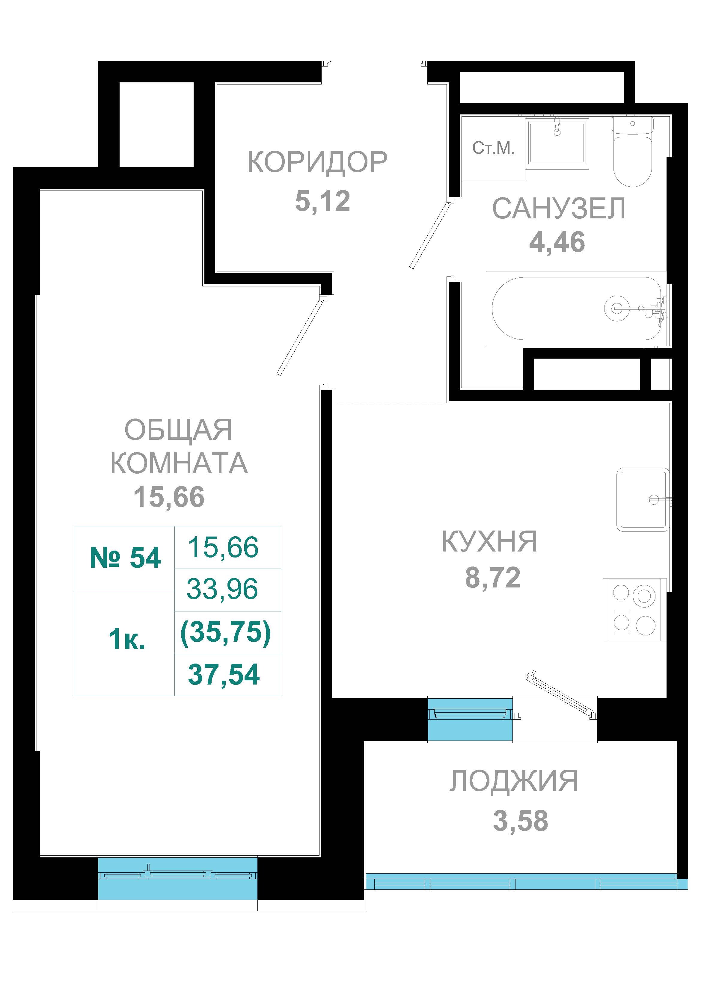 1 комн., 35.8 м²