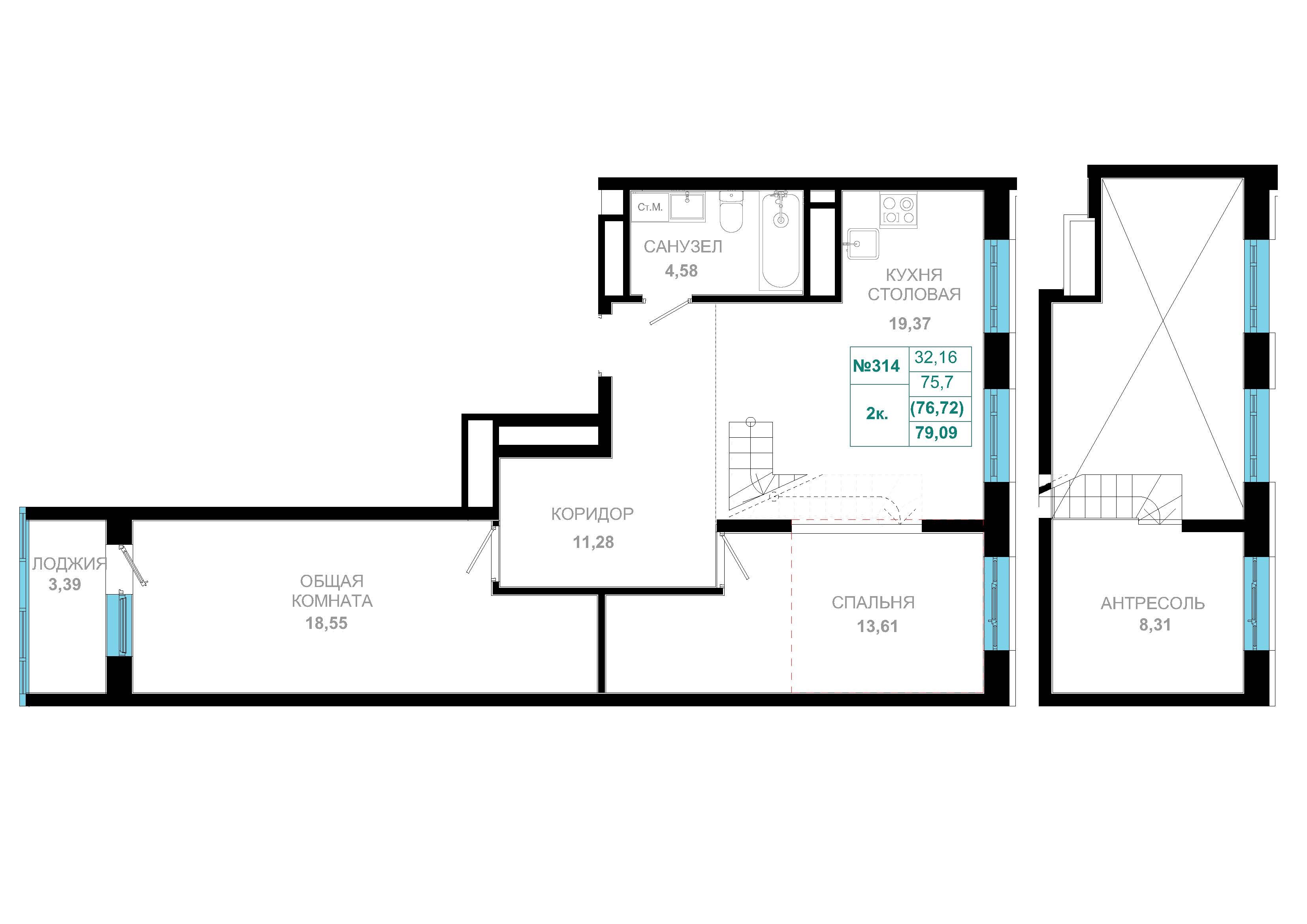 2 комн., 76.7 м²