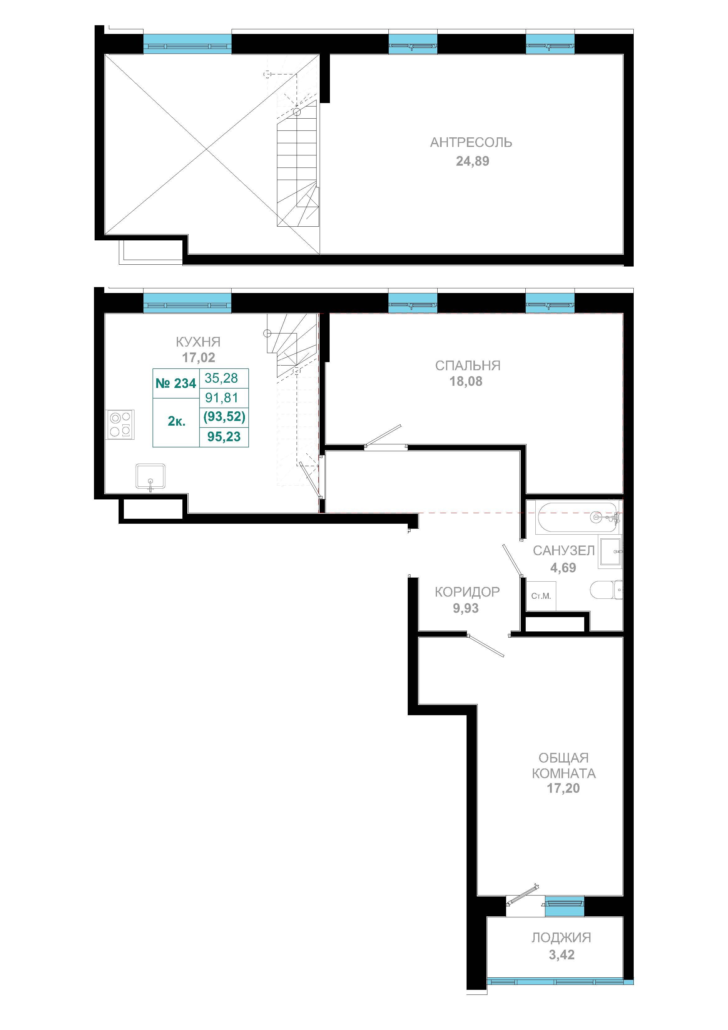 2 комн., 93.5 м²
