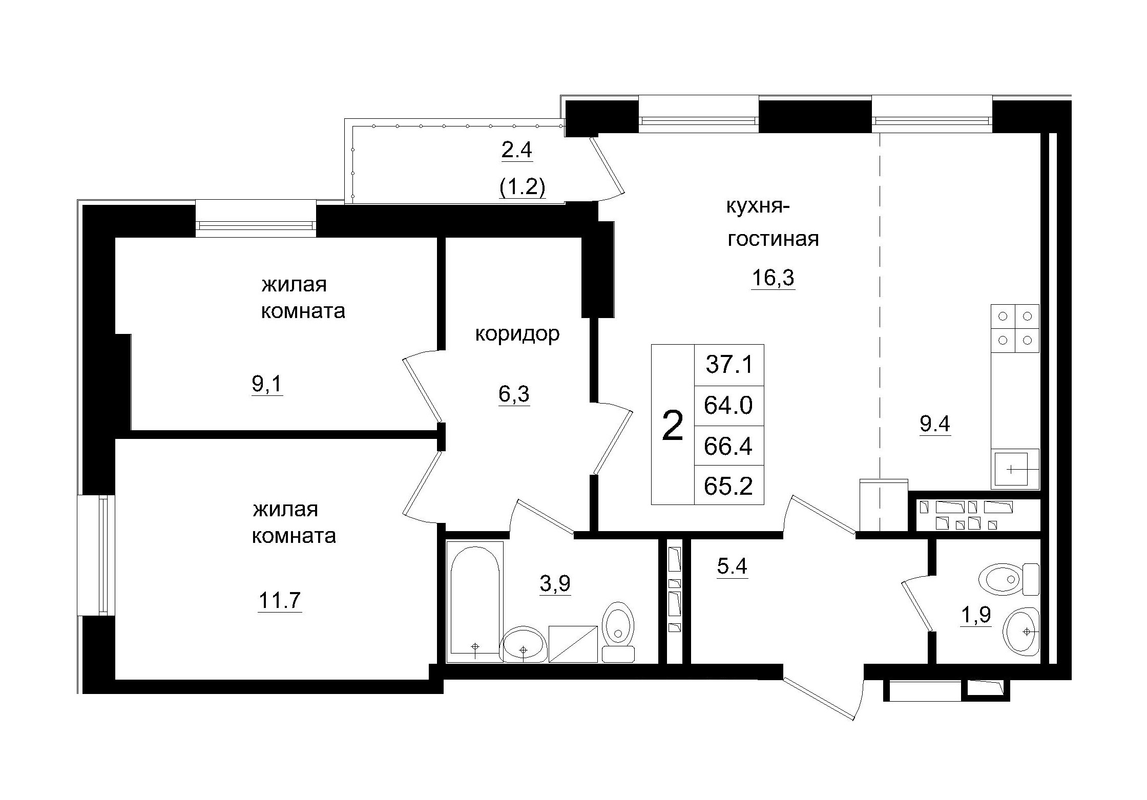 3 комн., 65.20 м²