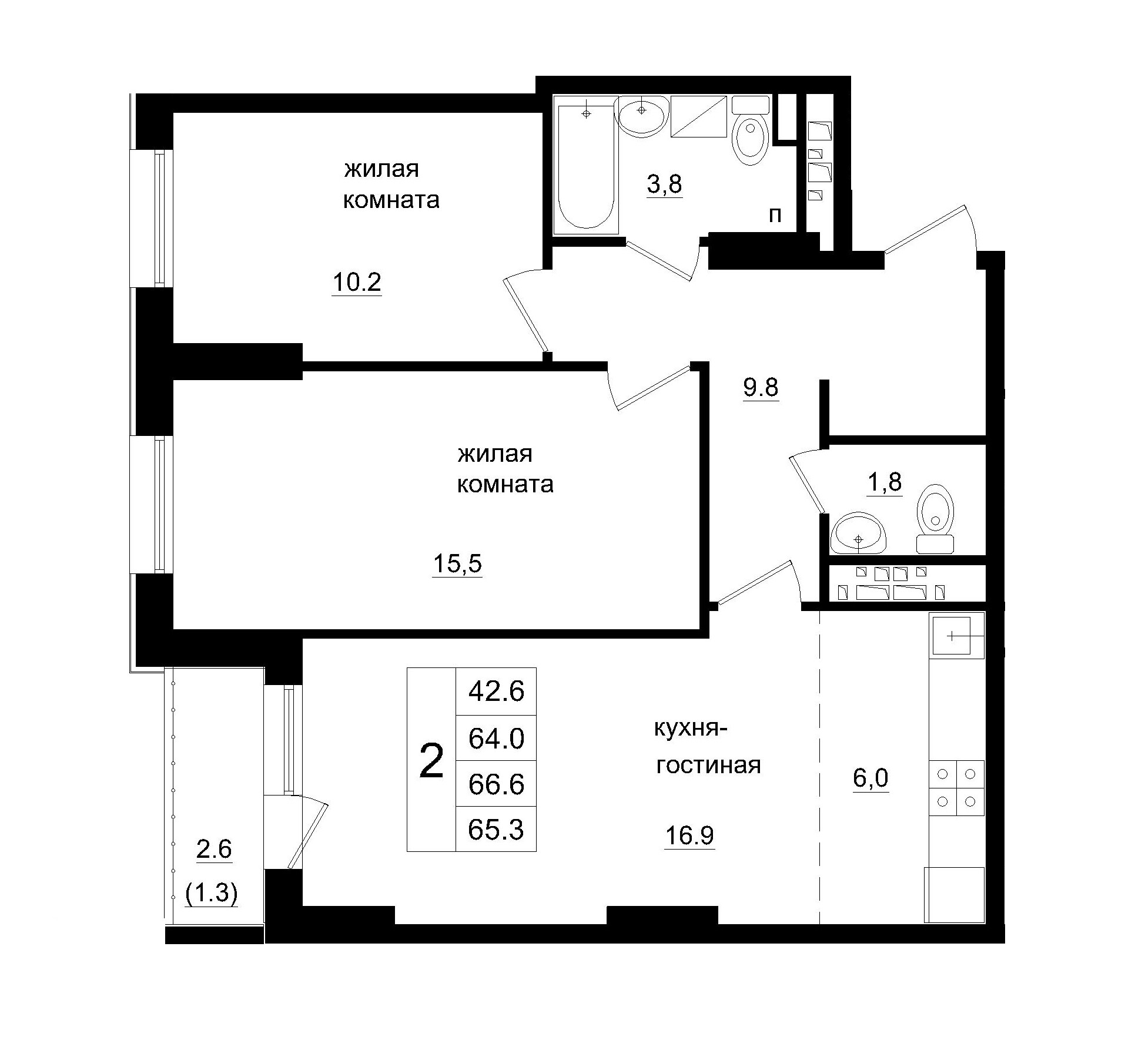 3 комн., 65.30 м²