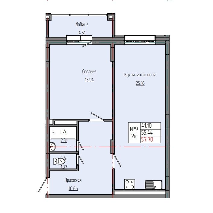 2 комн., 57.70 м²