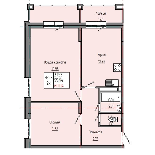 2 комн., 60.04 м²