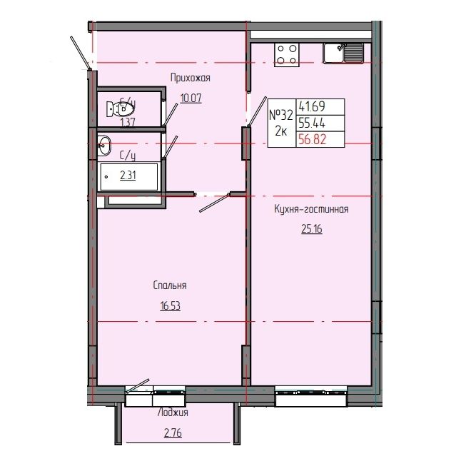 2 комн., 56.82 м²