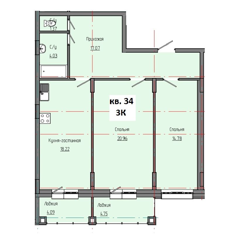 3 комн., 80.86 м²