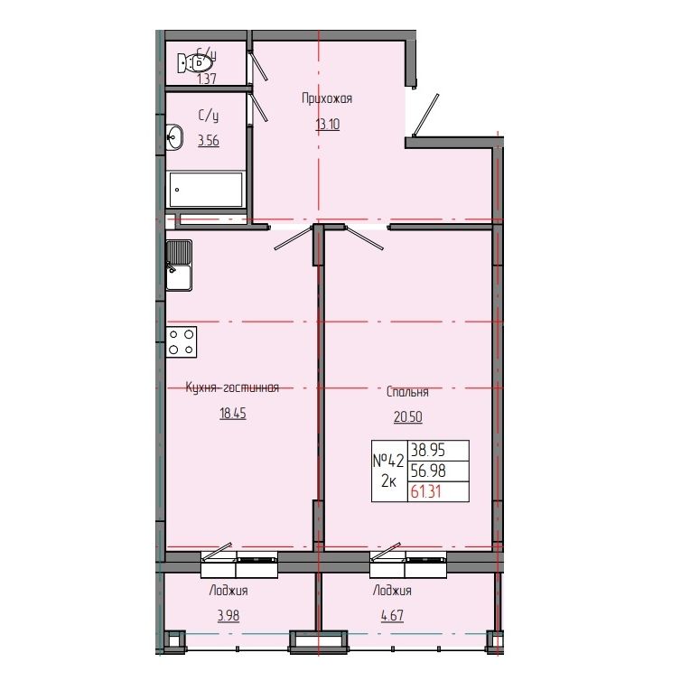 2 комн., 61.31 м²