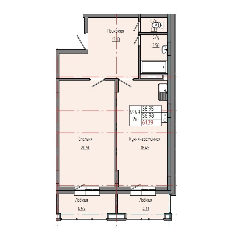 2 комн., 61.39 м²