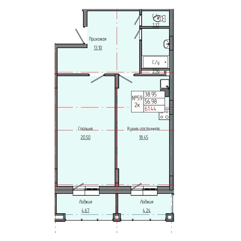 2 комн., 61.44 м²
