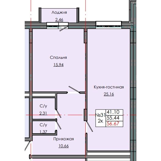 2 комн., 56.67 м²