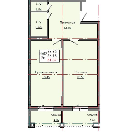 2 комн., 61.37 м²