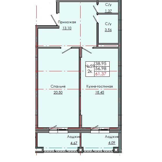 2 комн., 61.37 м²