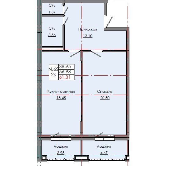 2 комн., 61.31 м²
