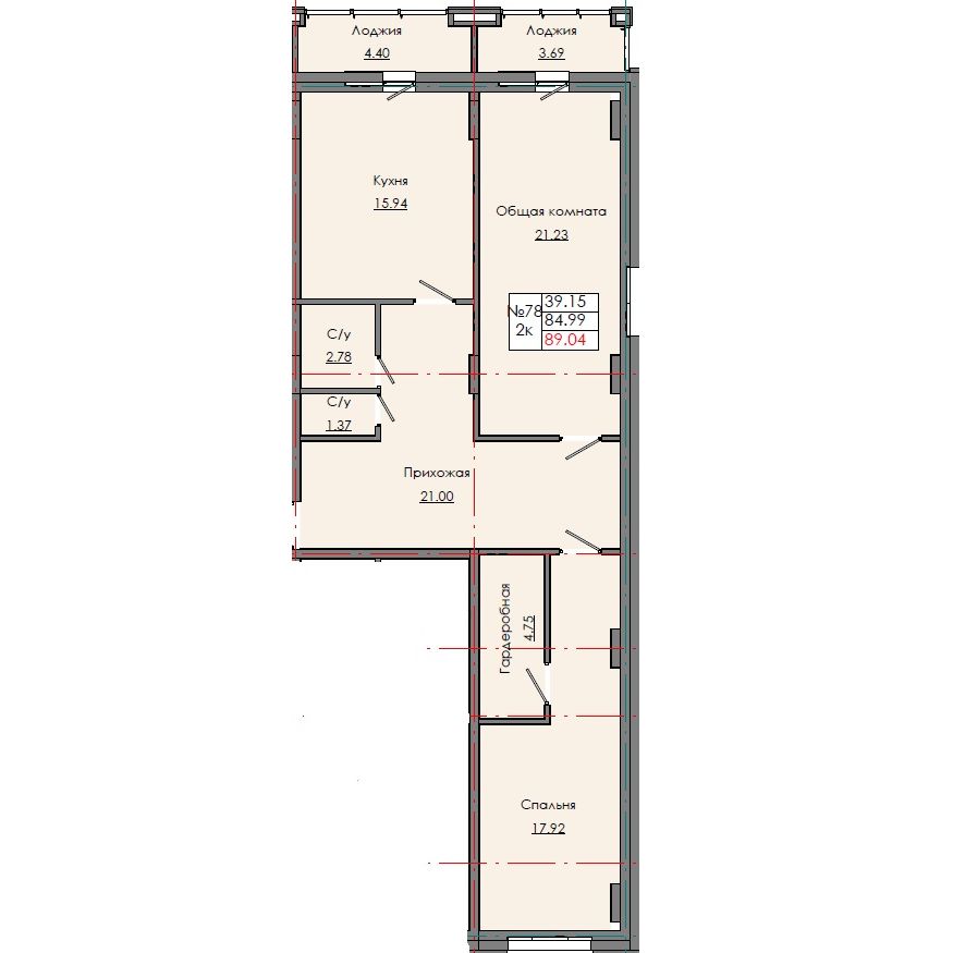 2 комн., 89.04 м²