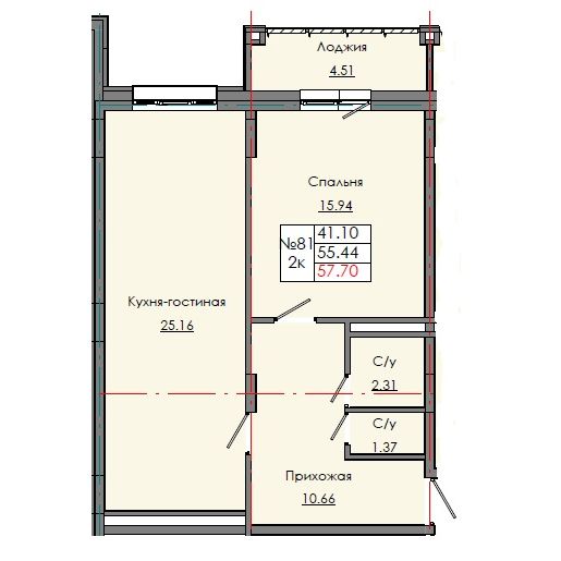 2 комн., 57.70 м²