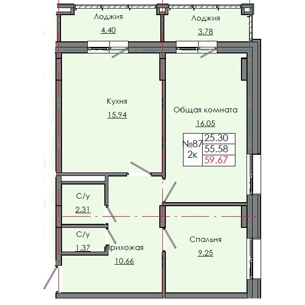 2 комн., 59.67 м²