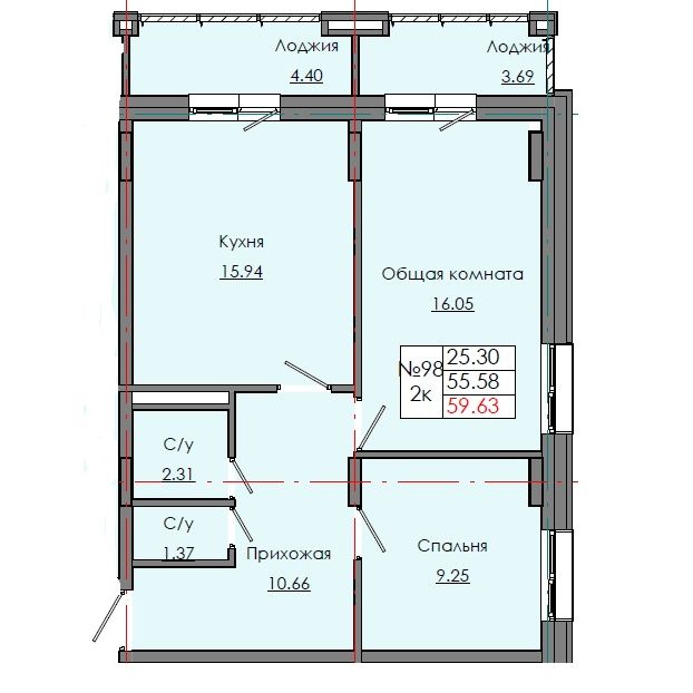 2 комн., 59.63 м²