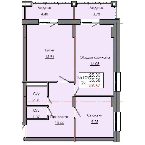 2 комн., 59.67 м²